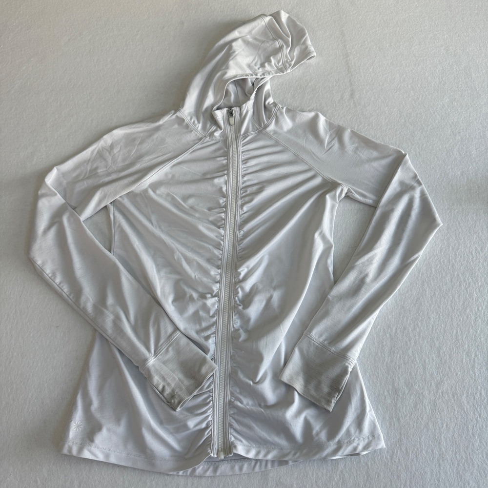 Athleta Full Zip Ruched Hoodie‎ Women Small White Thumbholes